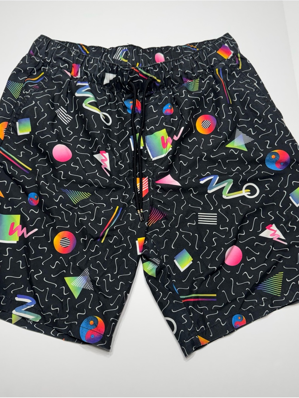 Empyre Black Board Shorts with Neon Retro Geometric Print